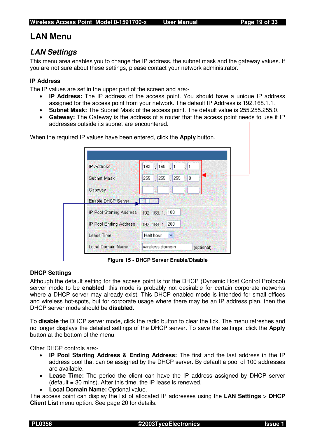 Tyco 0-1591700-x user manual LAN Menu, LAN Settings, IP Address, Dhcp Settings, Local Domain Name Optional value 