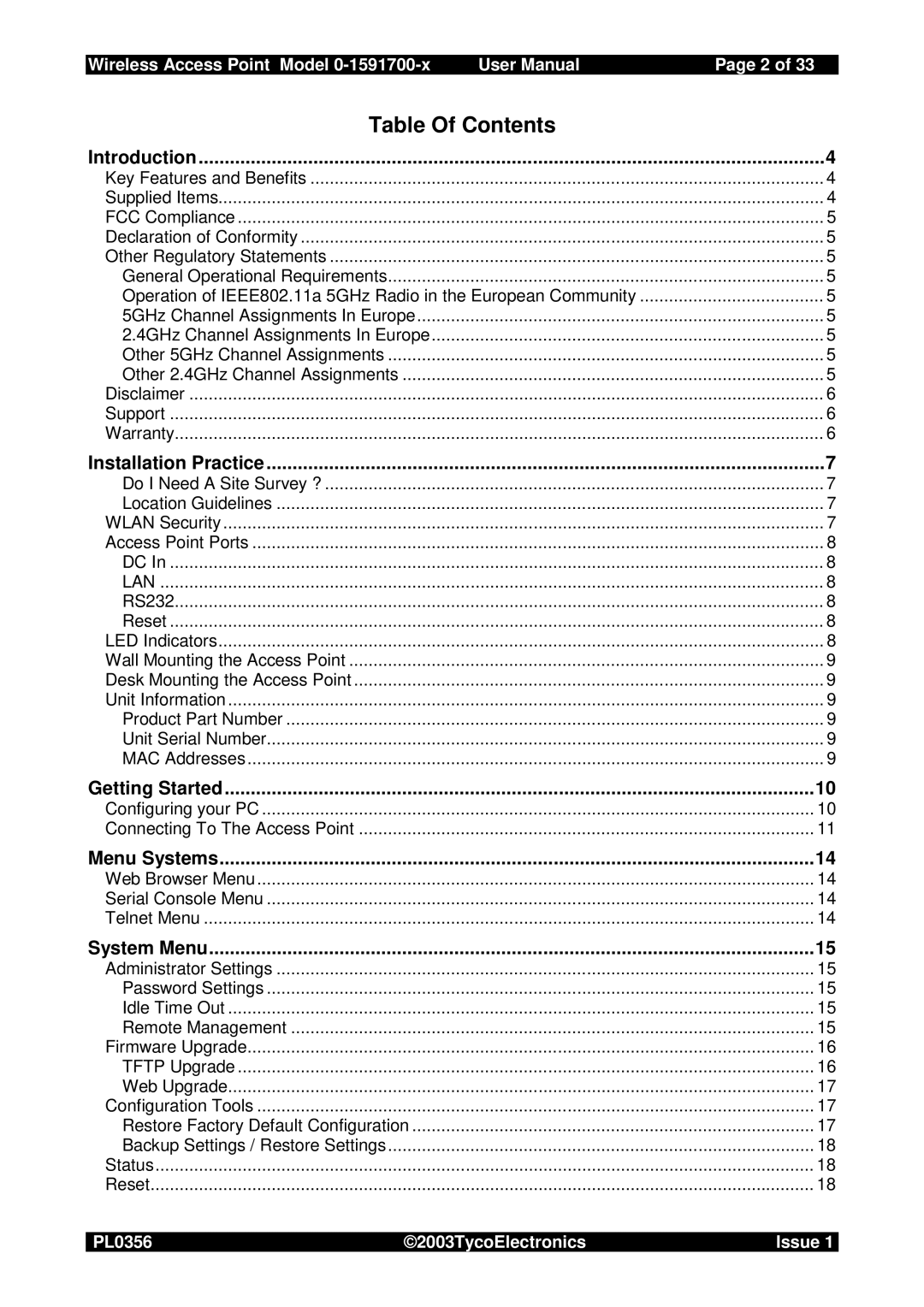 Tyco 0-1591700-x user manual Table Of Contents 