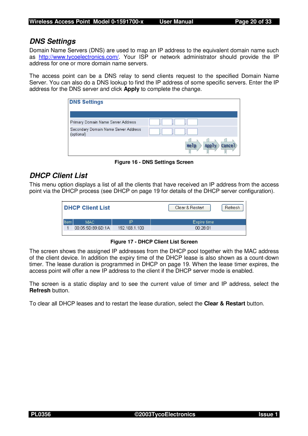 Tyco 0-1591700-x user manual DNS Settings, Dhcp Client List 