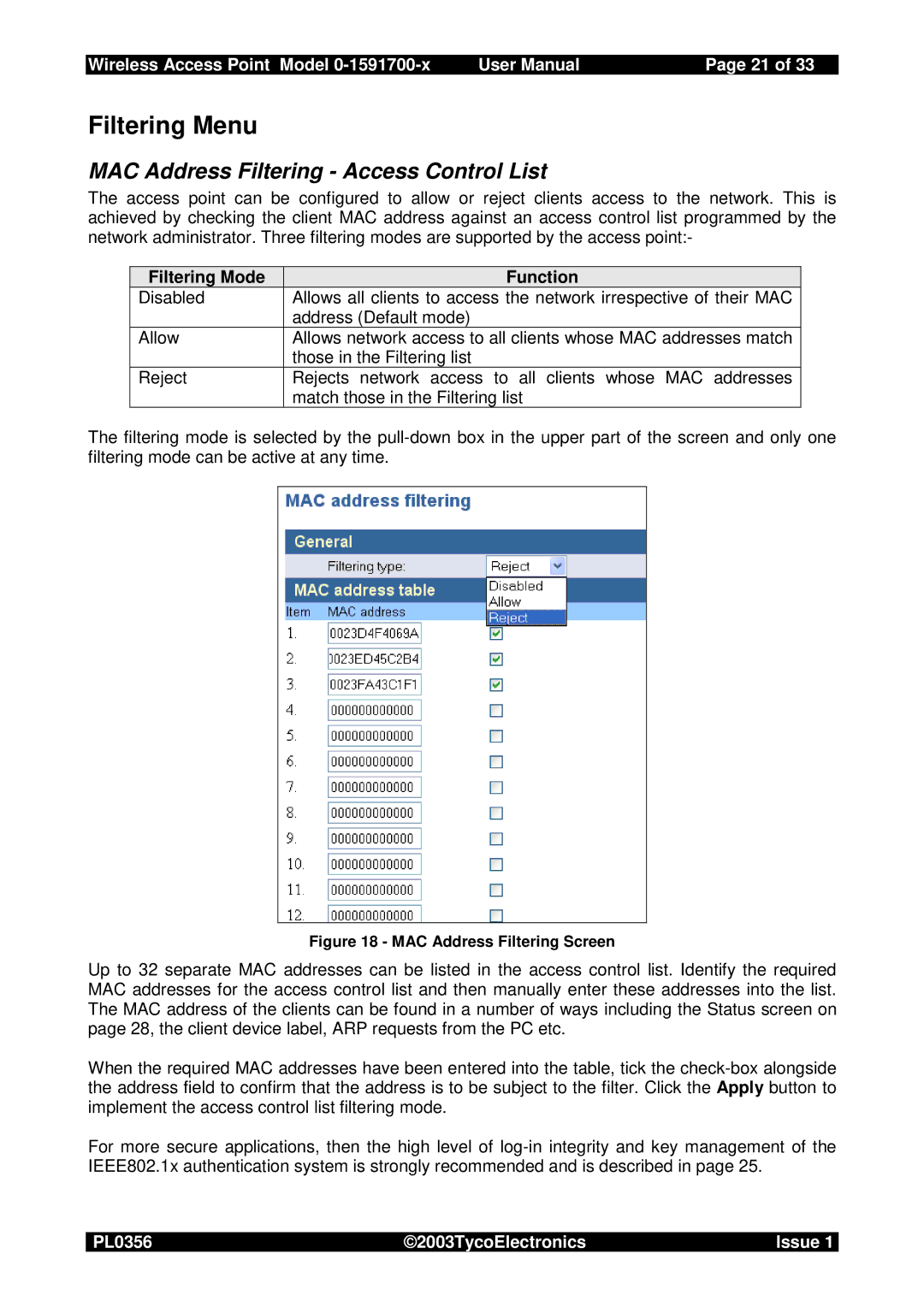 Tyco 0-1591700-x user manual Filtering Menu, MAC Address Filtering Access Control List, Filtering Mode Function 