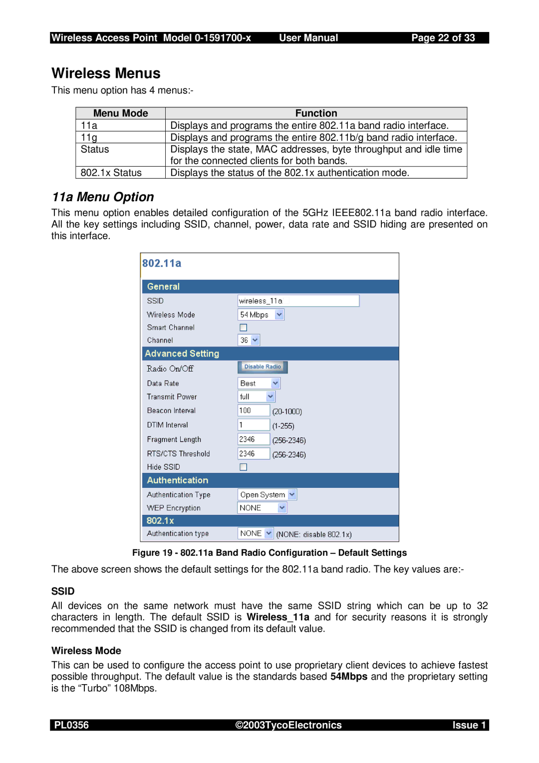 Tyco 0-1591700-x user manual Wireless Menus, 11a Menu Option, Menu Mode Function, Wireless Mode 