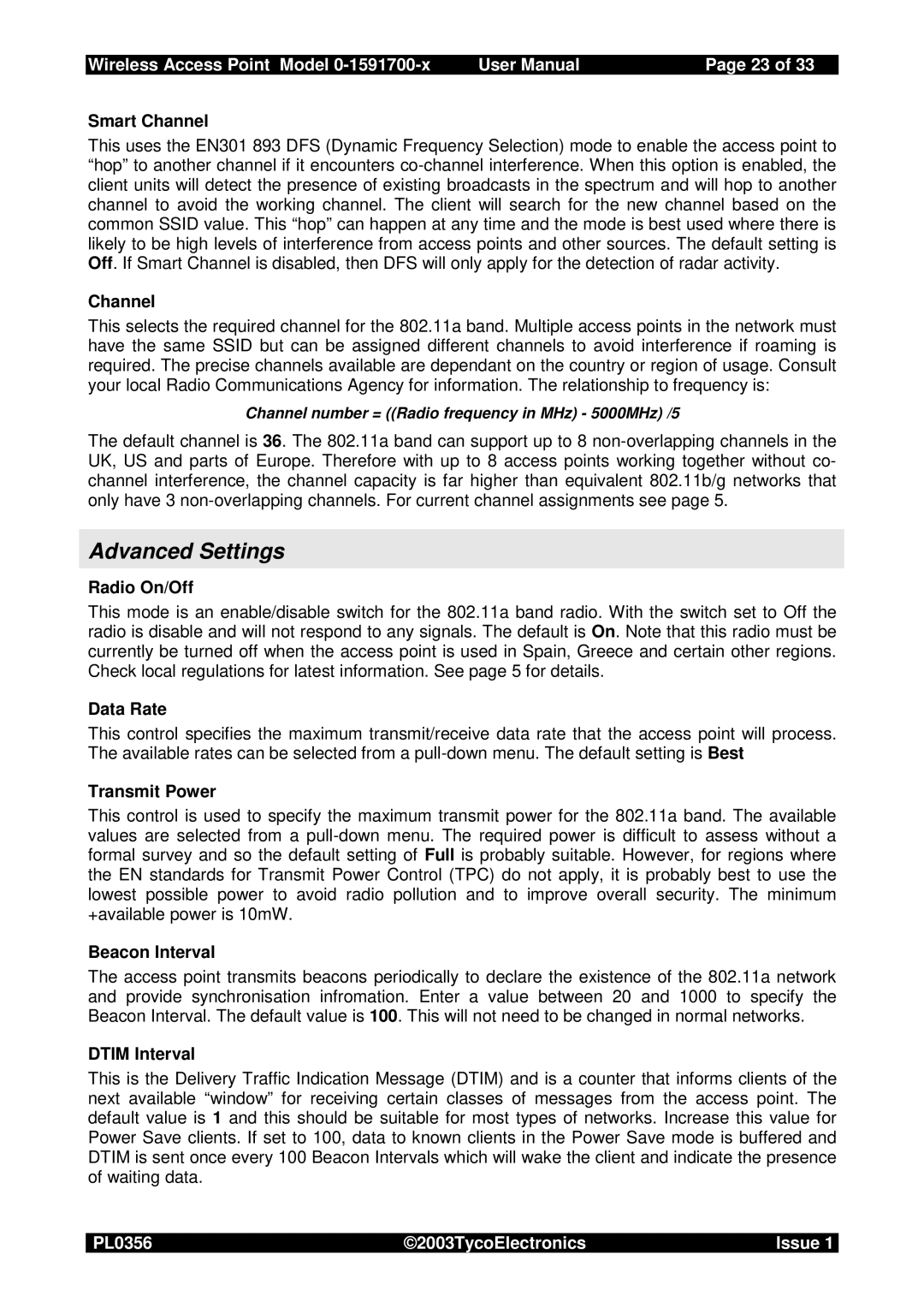 Tyco 0-1591700-x user manual Advanced Settings 