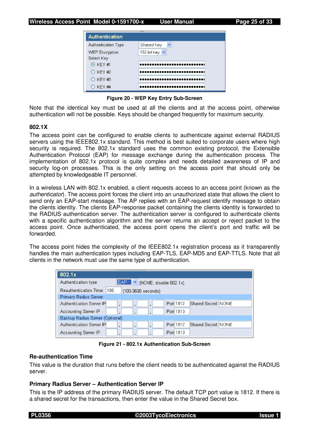 Tyco 0-1591700-x user manual 802.1X, Re-authentication Time, Primary Radius Server Authentication Server IP 