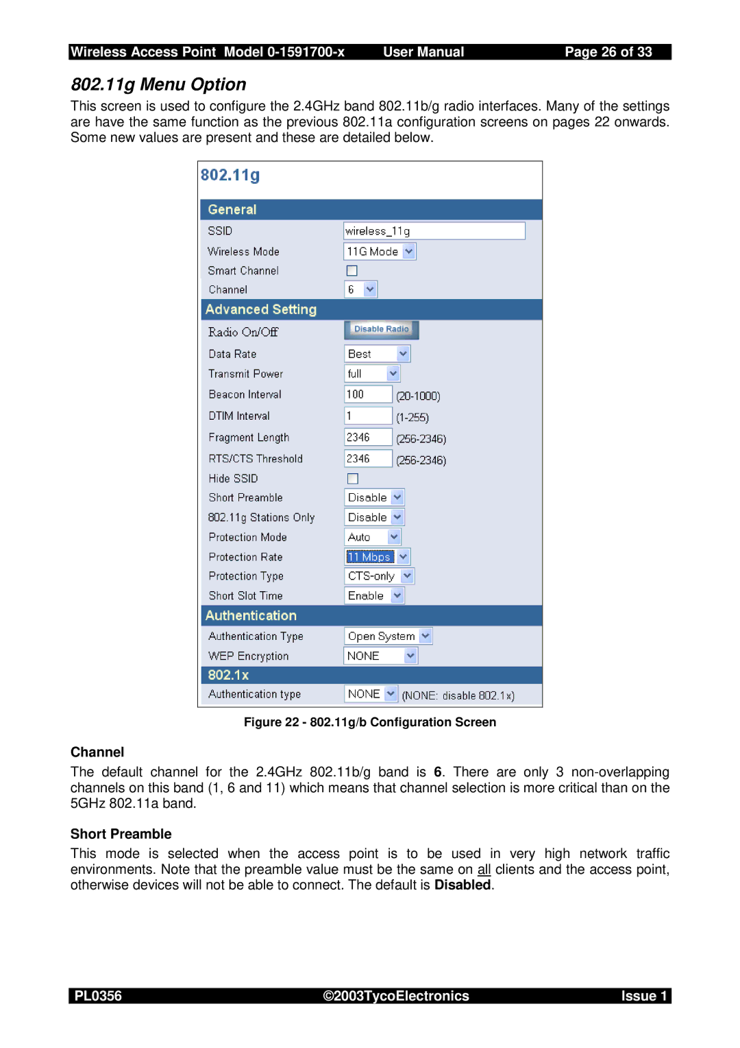 Tyco 0-1591700-x user manual 802.11g Menu Option, Short Preamble 