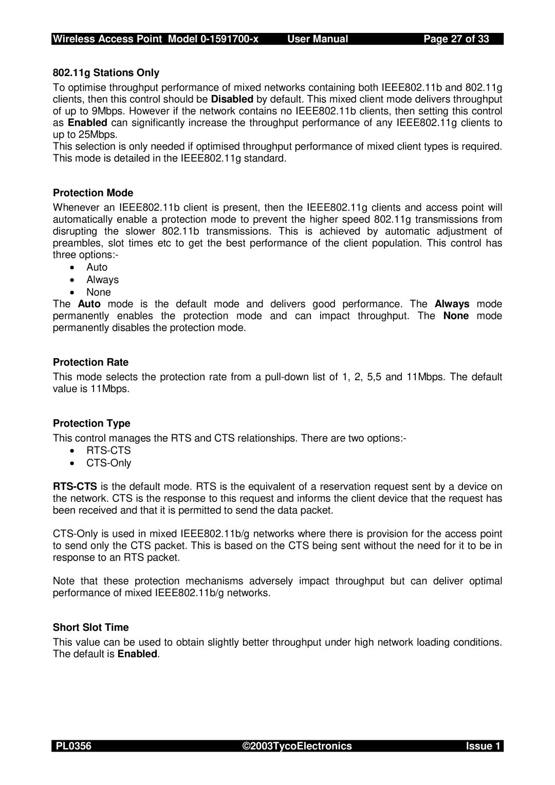 Tyco 0-1591700-x user manual 802.11g Stations Only, Protection Mode, Protection Rate, Protection Type, Short Slot Time 