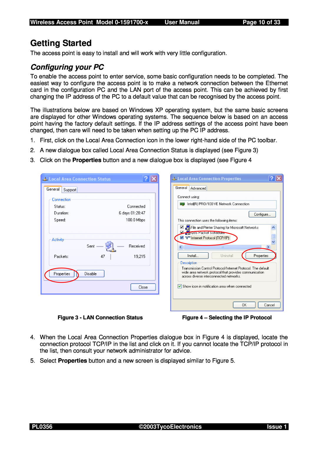 Tyco 0-1591700-x Getting Started, Configuring your PC, Page 10 of, Wireless Access Point Model, User Manual, PL0356, Issue 