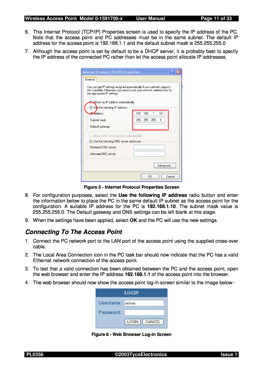 Tyco 0-1591700-x Connecting To The Access Point, Page 11 of, Wireless Access Point Model, User Manual, PL0356, Issue 