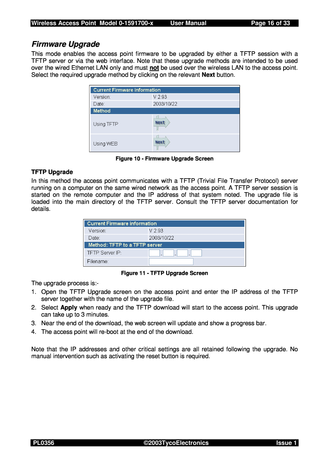 Tyco 0-1591700-x Firmware Upgrade, Page 16 of, Wireless Access Point Model, User Manual, PL0356, 2003TycoElectronics 