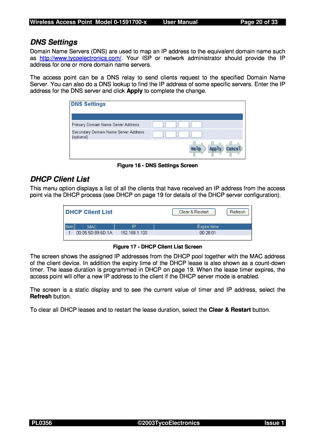Tyco 0-1591700-x DNS Settings, DHCP Client List, Page 20 of, Wireless Access Point Model, User Manual, PL0356, Issue 