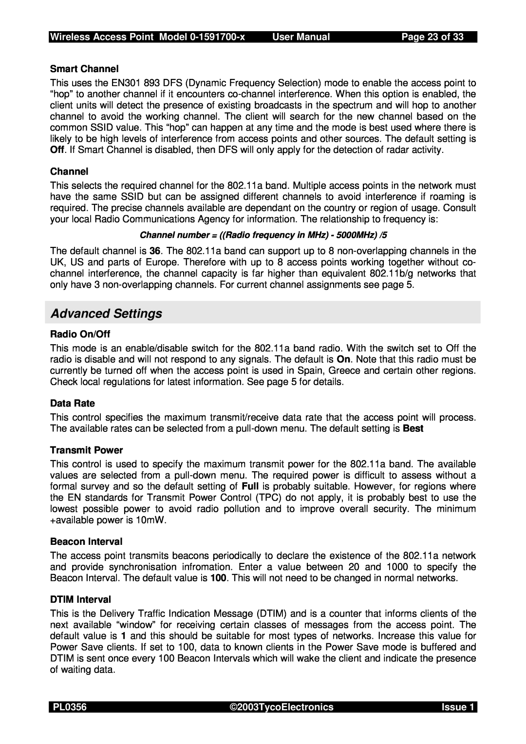 Tyco 0-1591700-x Advanced Settings, Page 23 of, Wireless Access Point Model, User Manual, PL0356, 2003TycoElectronics 