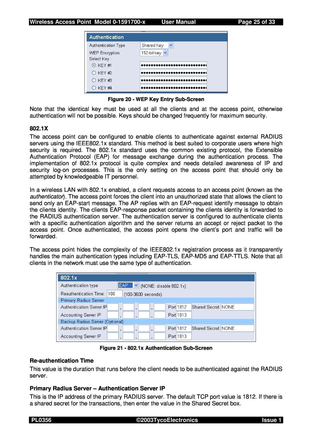 Tyco 0-1591700-x user manual Page 25 of, Wireless Access Point Model, User Manual, PL0356, 2003TycoElectronics, Issue 