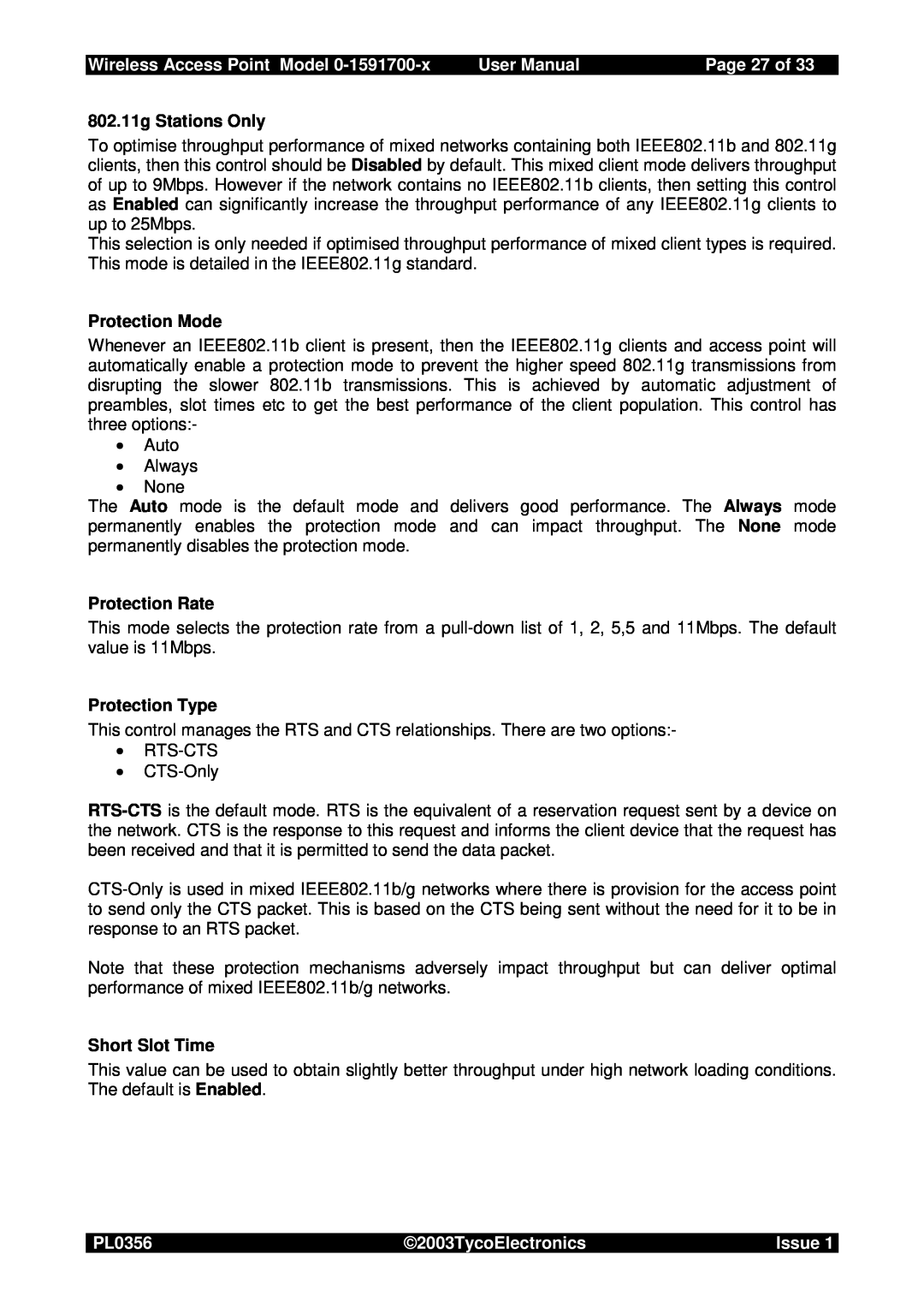Tyco 0-1591700-x user manual Page 27 of, Wireless Access Point Model, User Manual, PL0356, 2003TycoElectronics, Issue 