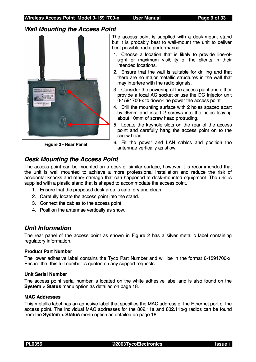 Tyco 0-1591700-x Wall Mounting the Access Point, Desk Mounting the Access Point, Unit Information, Page 9 of, User Manual 