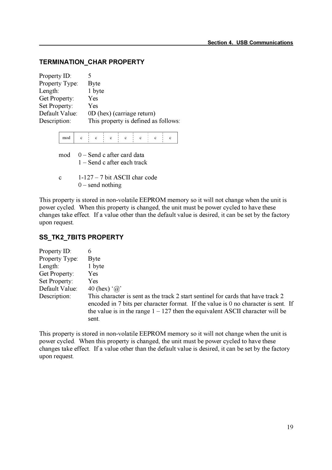 Tyco 1529L manual Terminationchar Property, SSTK27BITS Property 