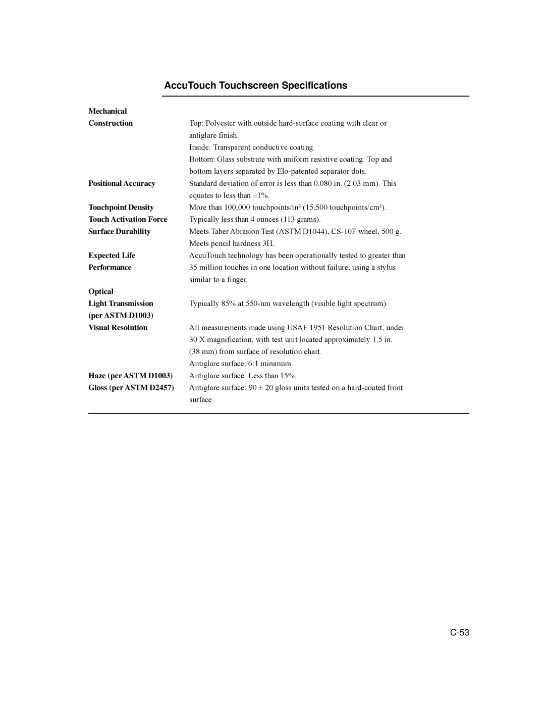 Tyco 1529L manual AccuTouch Touchscreen Specifications, Mechanical Construction 