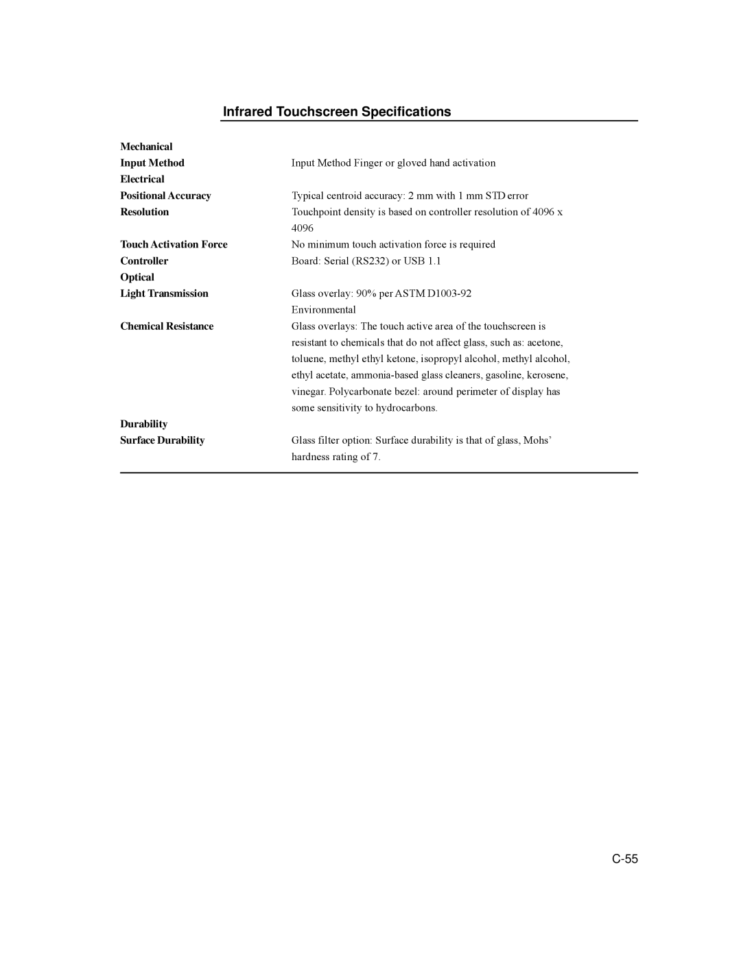 Tyco 1529L manual Infrared Touchscreen Specifications 