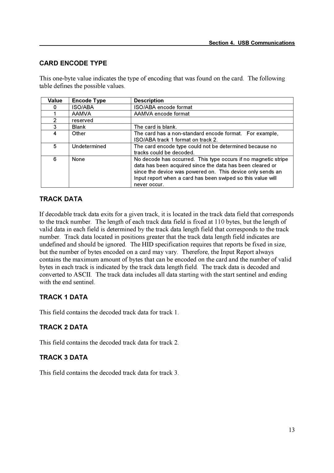 Tyco 1529L manual Card Encode Type, Track Data, Track 1 Data, Track 2 Data, Track 3 Data 