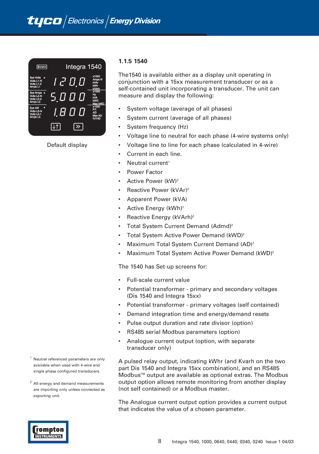 Tyco 1540 manual Default display 