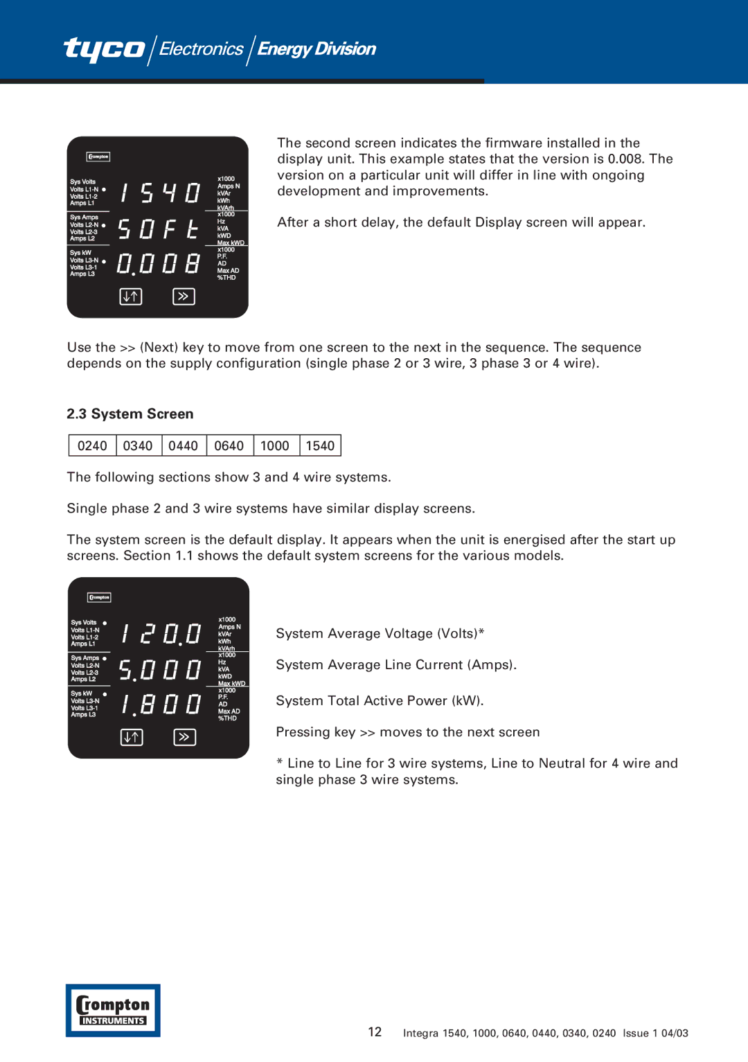 Tyco 1540 manual System Screen 