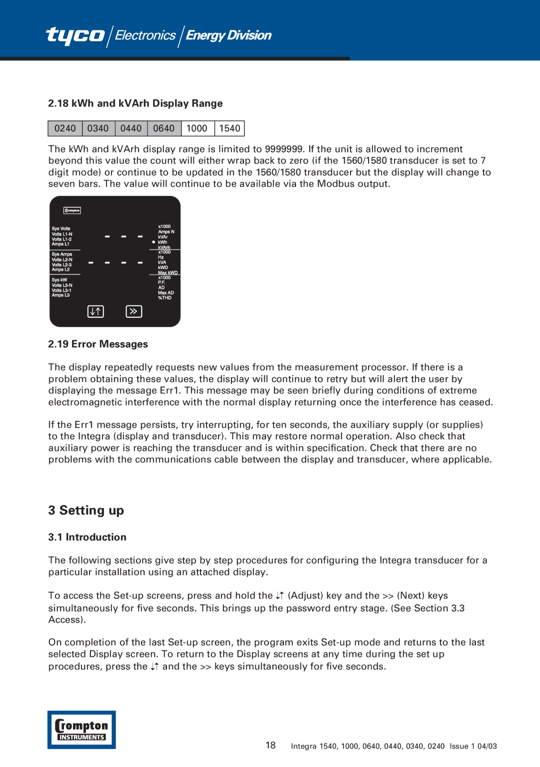 Tyco 1540 manual Setting up, KWh and kVArh Display Range, Error Messages 