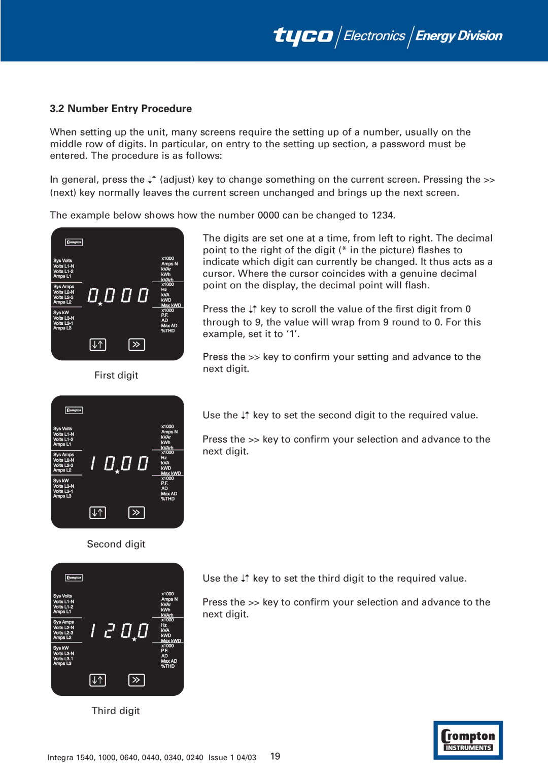 Tyco 1540 manual Number Entry Procedure 