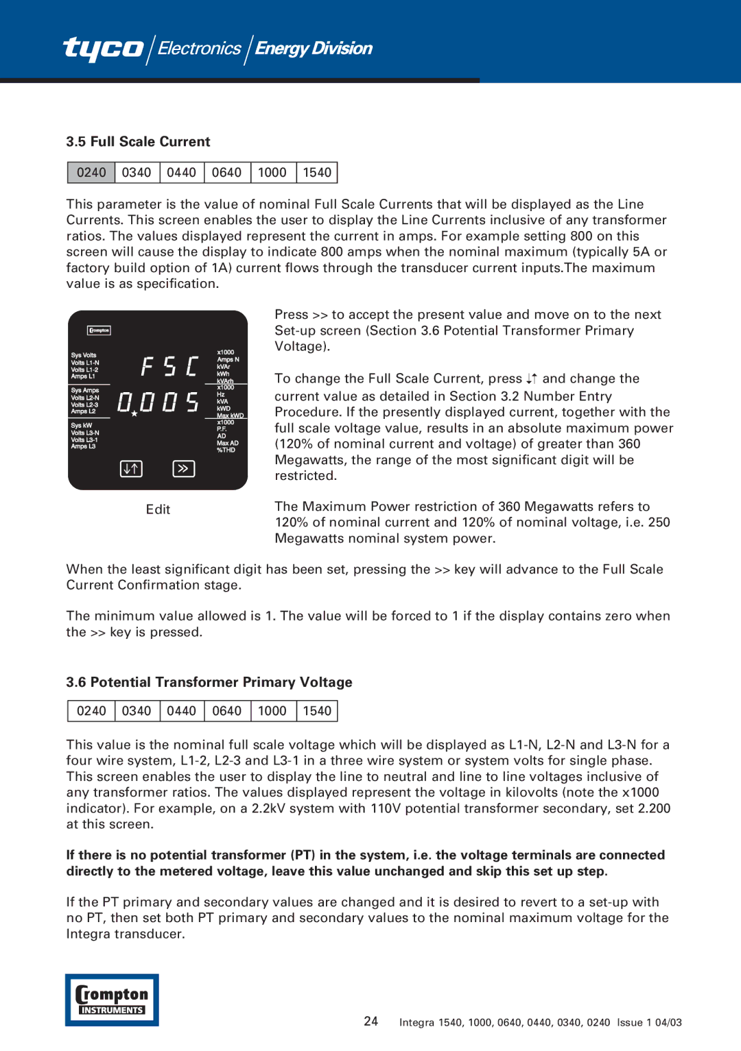 Tyco 1540 manual Full Scale Current, Potential Transformer Primary Voltage 