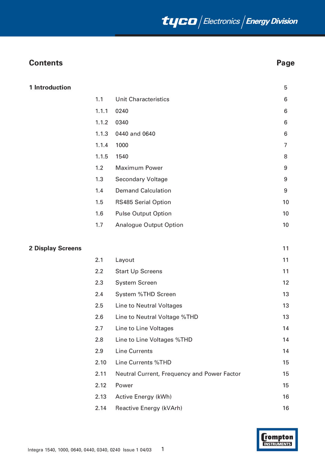 Tyco 1540 manual Contents 