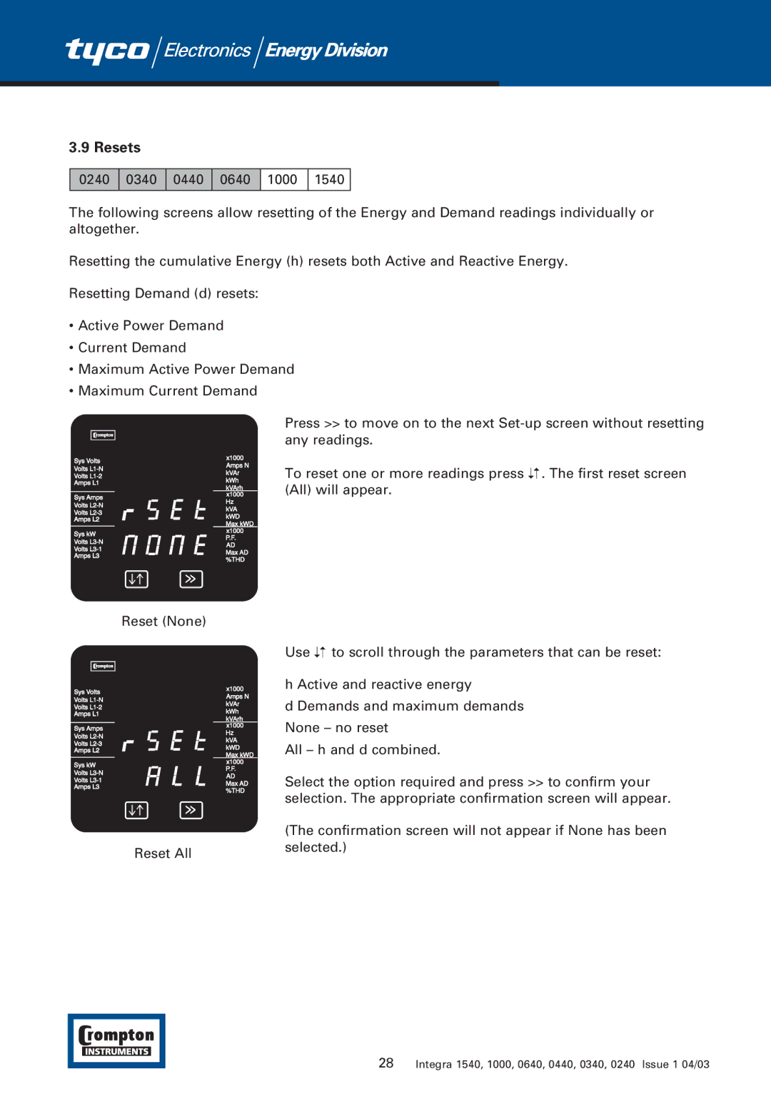 Tyco 1540 manual Resets 