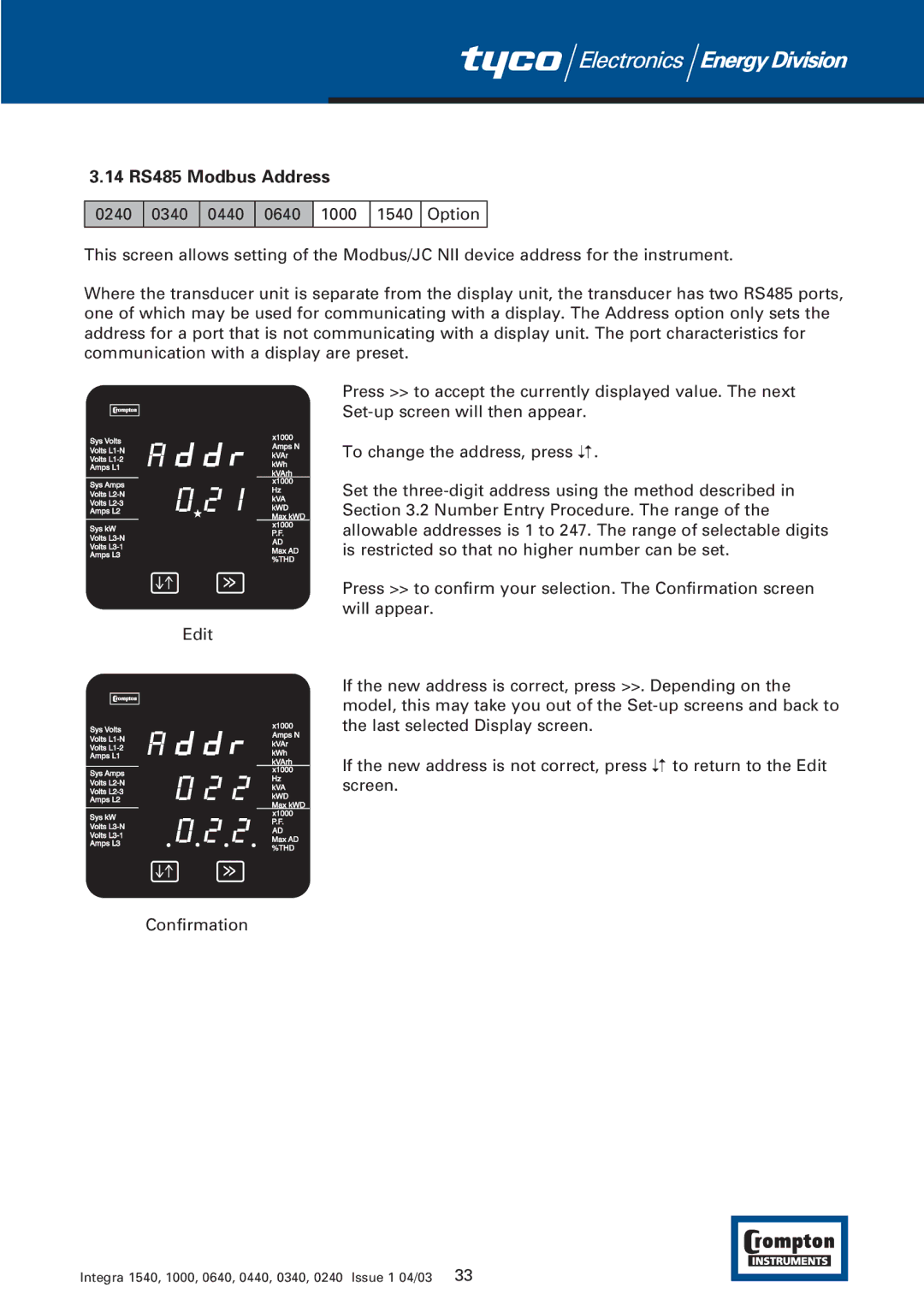 Tyco 1540 manual 14 RS485 Modbus Address 