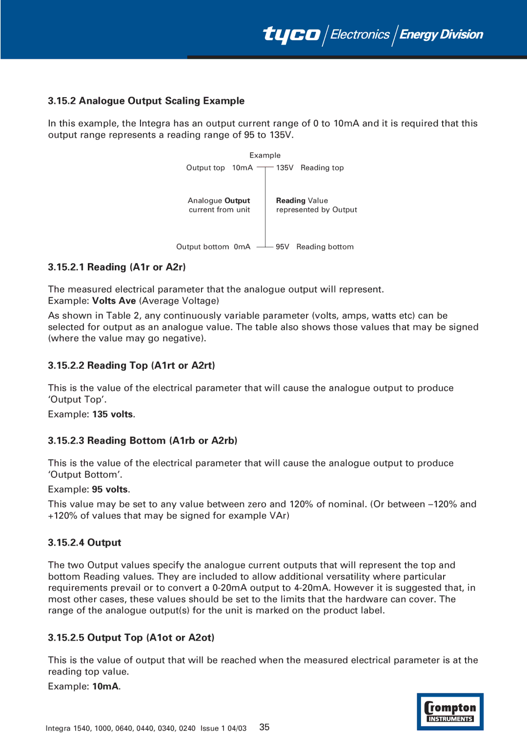 Tyco 1540 manual Analogue Output Scaling Example, Reading A1r or A2r, Reading Top A1rt or A2rt, Reading Bottom A1rb or A2rb 