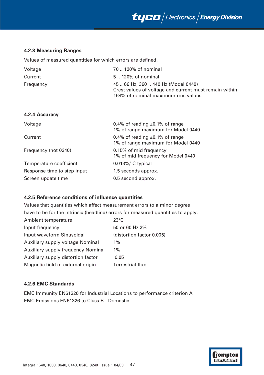 Tyco 1540 manual Measuring Ranges, Accuracy, Reference conditions of influence quantities 