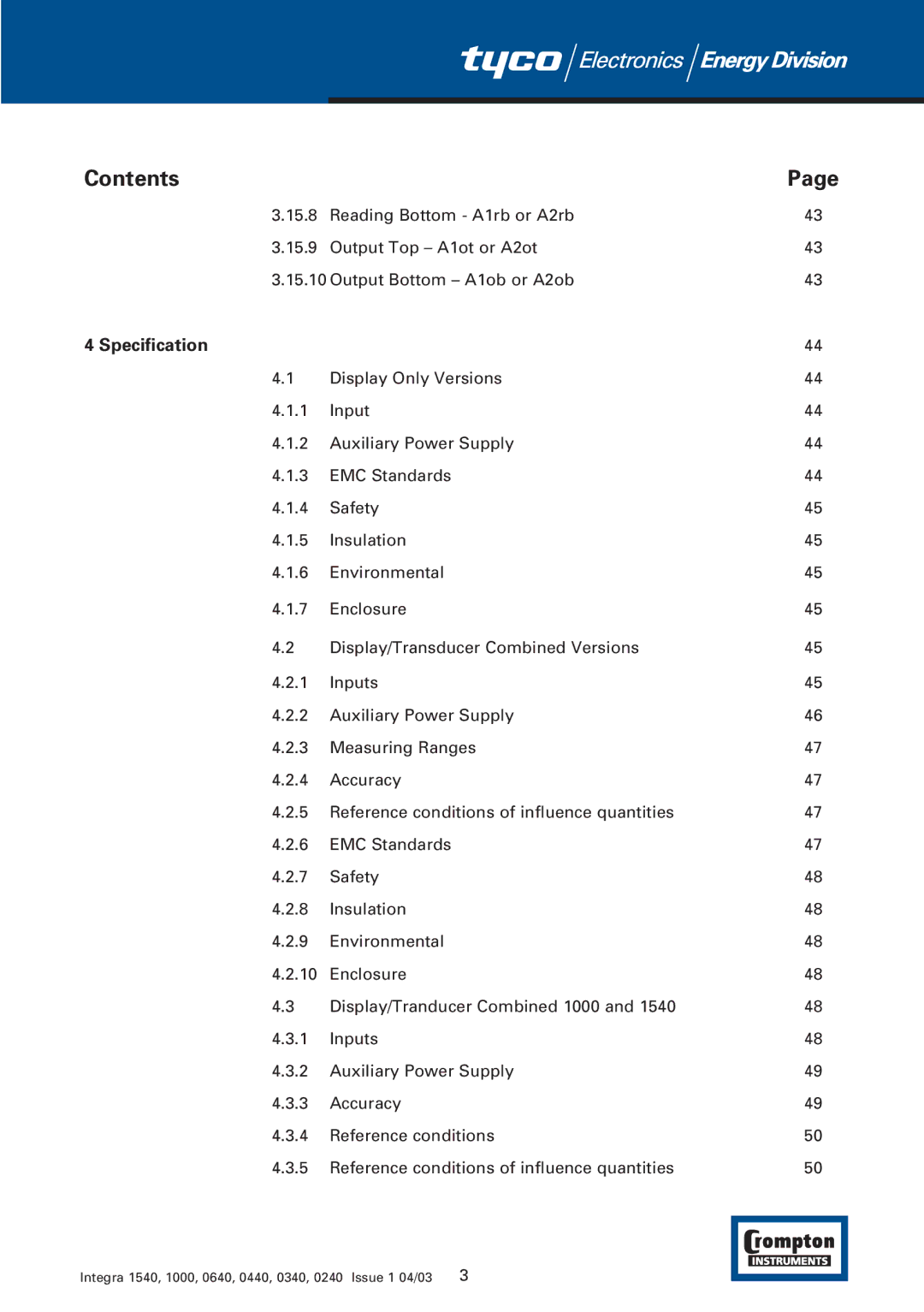 Tyco 1540 manual Specification 