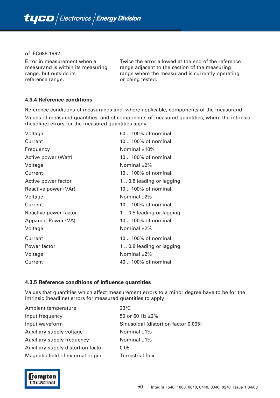 Tyco 1540 manual Reference conditions of influence quantities 