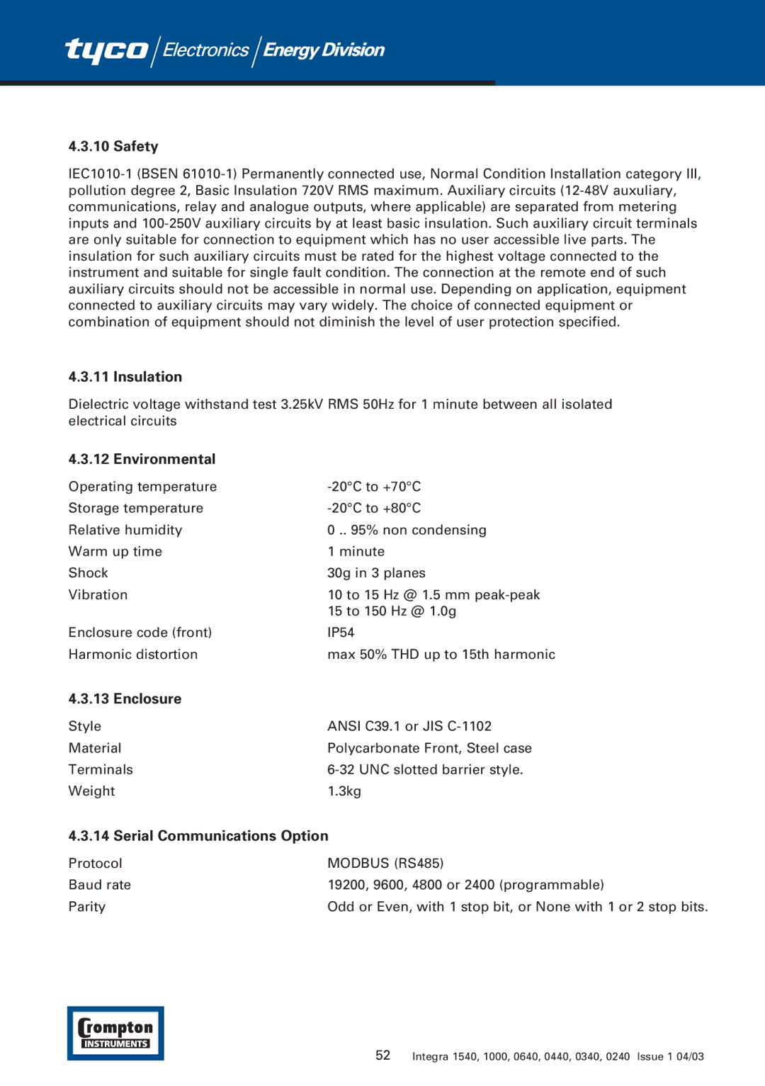 Tyco 1540 manual Serial Communications Option, Modbus RS485 