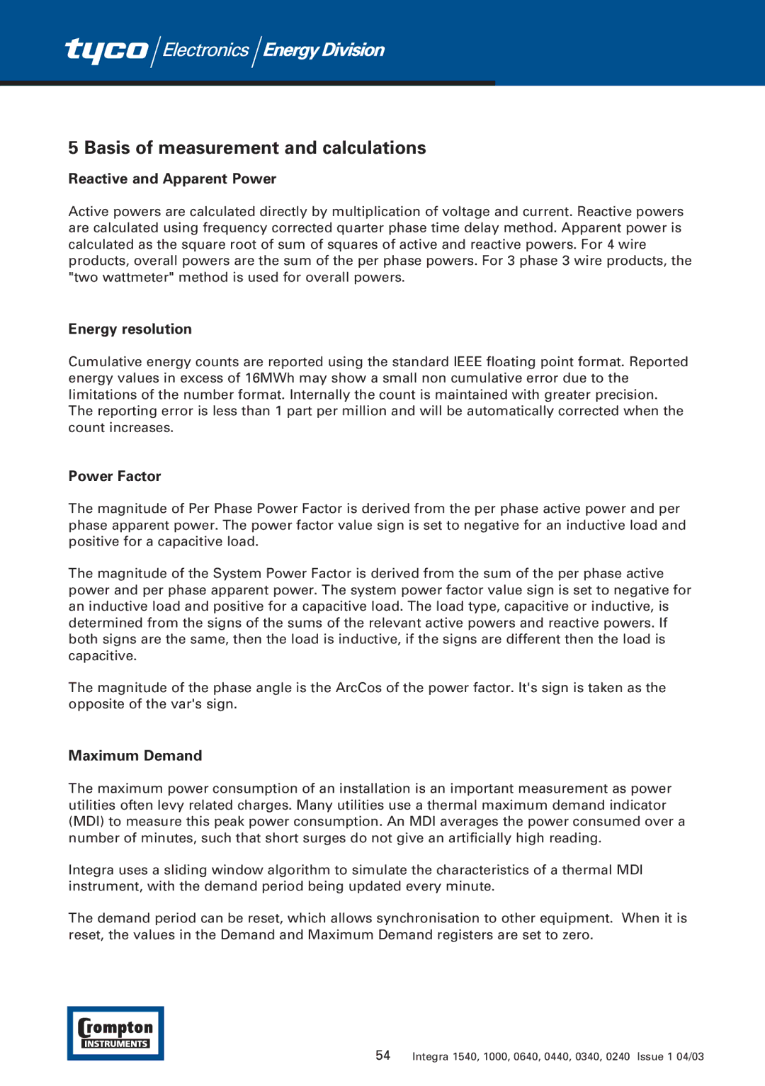 Tyco 1540 manual Basis of measurement and calculations, Reactive and Apparent Power, Energy resolution 