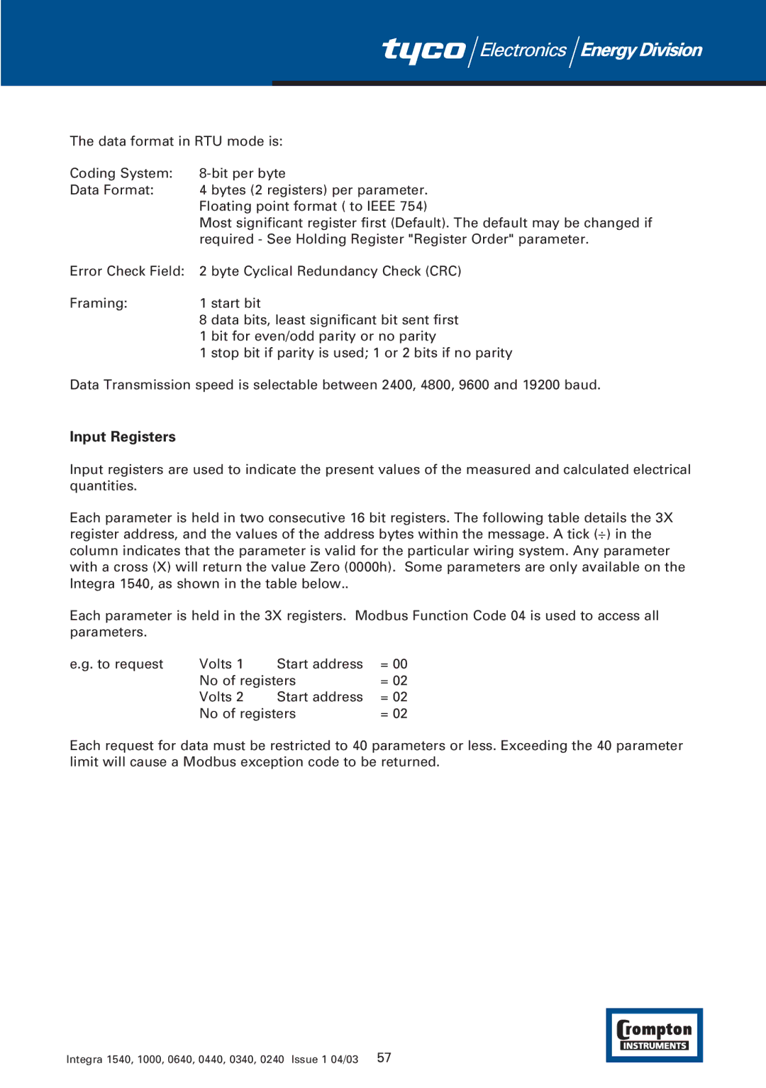 Tyco 1540 manual Input Registers 