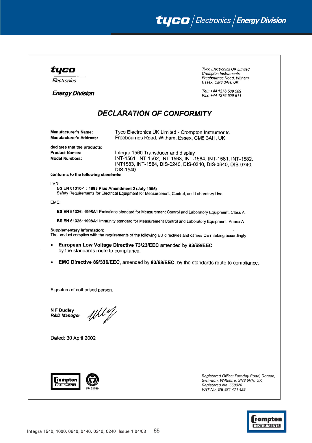 Tyco manual Integra 1540, 1000, 0640, 0440, 0340, 0240 Issue 1 04/03 