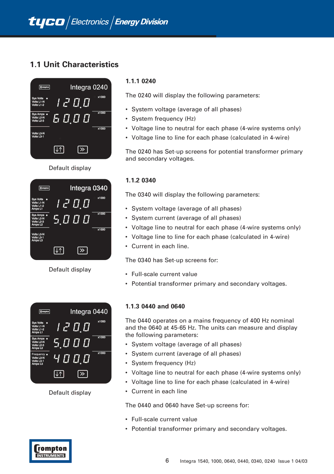 Tyco 1540 manual Unit Characteristics, 3 0440 