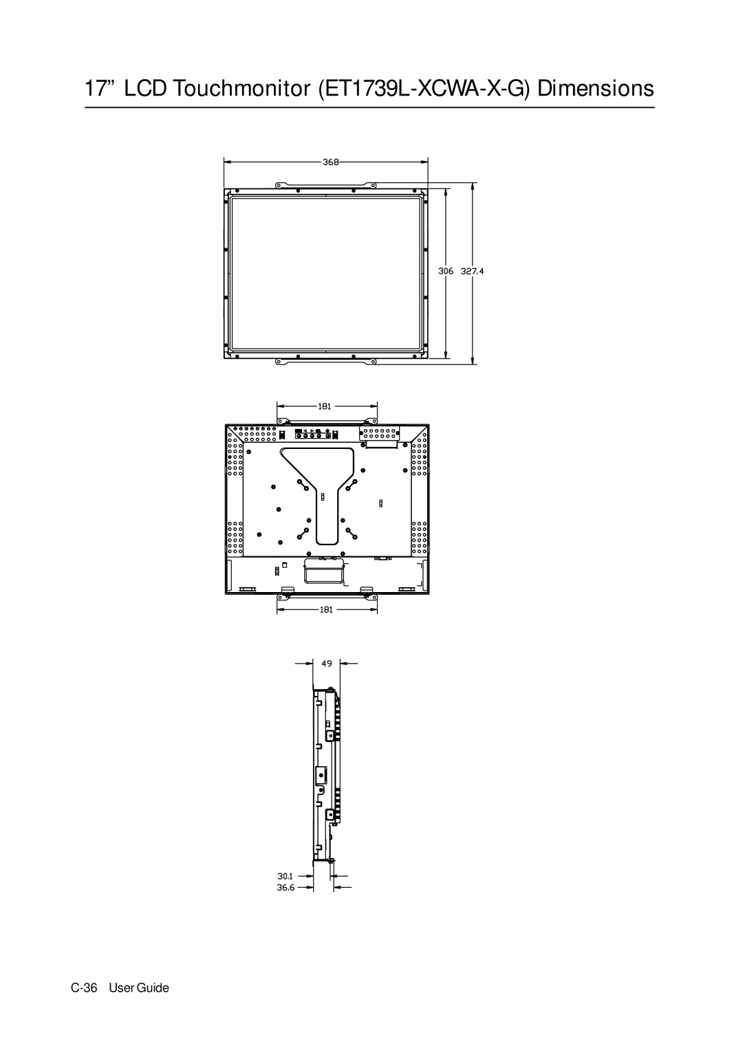 Tyco manual LCD Touchmonitor ET1739L-XCWA-X-G Dimensions 