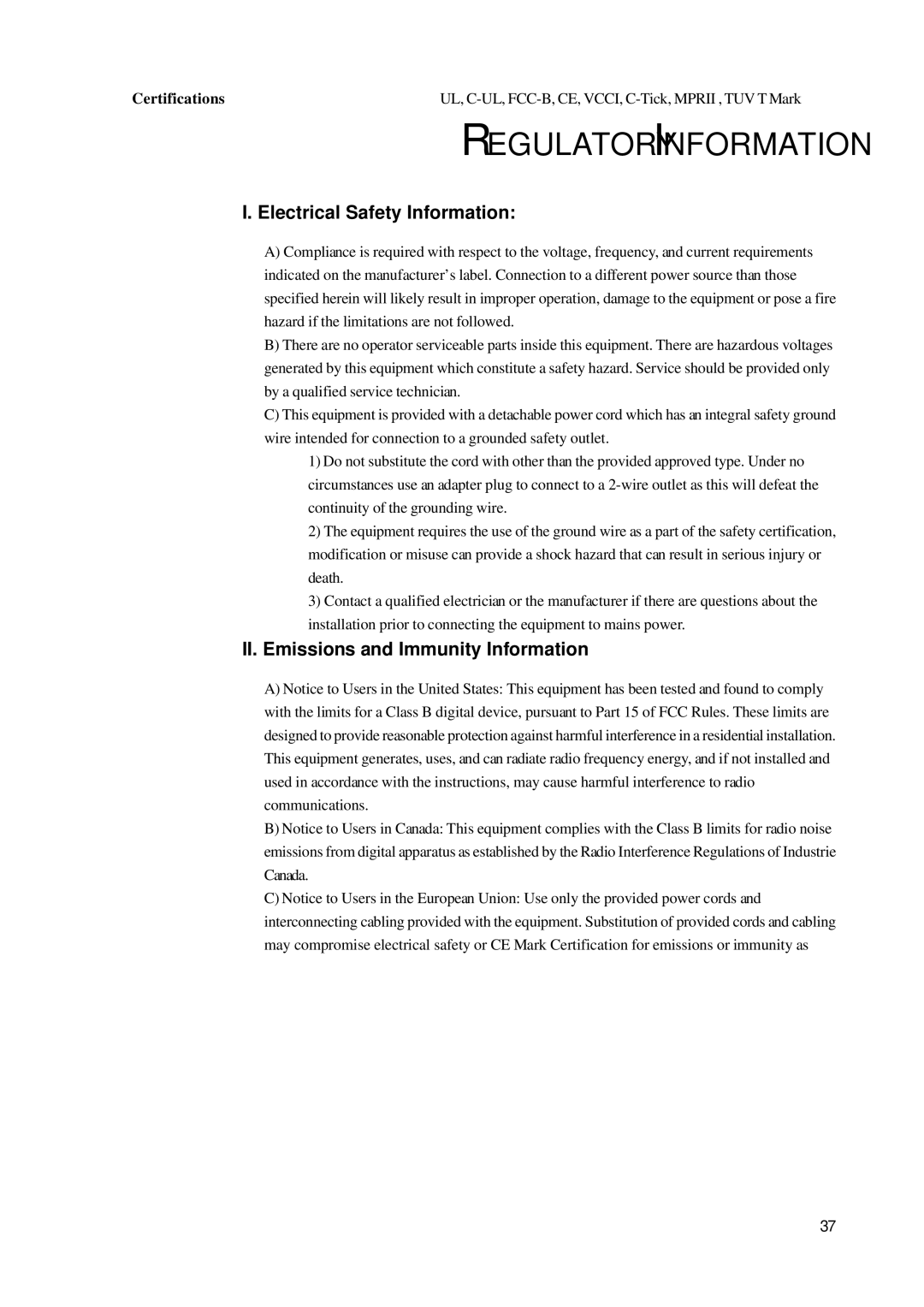 Tyco 1739L manual Electrical Safety Information, II. Emissions and Immunity Information, Certifications 