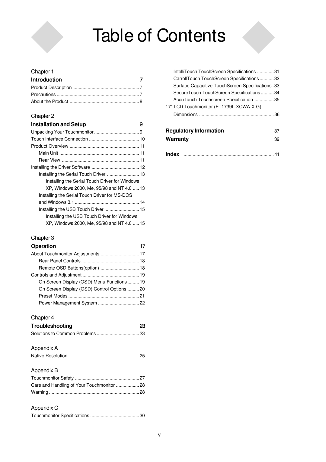 Tyco 1739L manual Table of Contents 