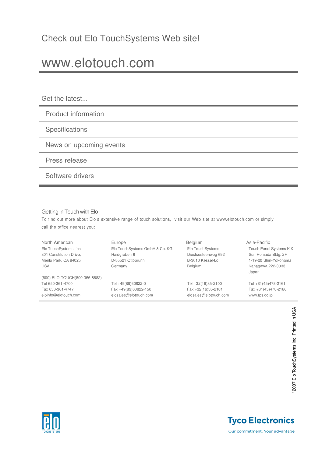 Tyco 1739L manual Check out Elo TouchSystems Web site 