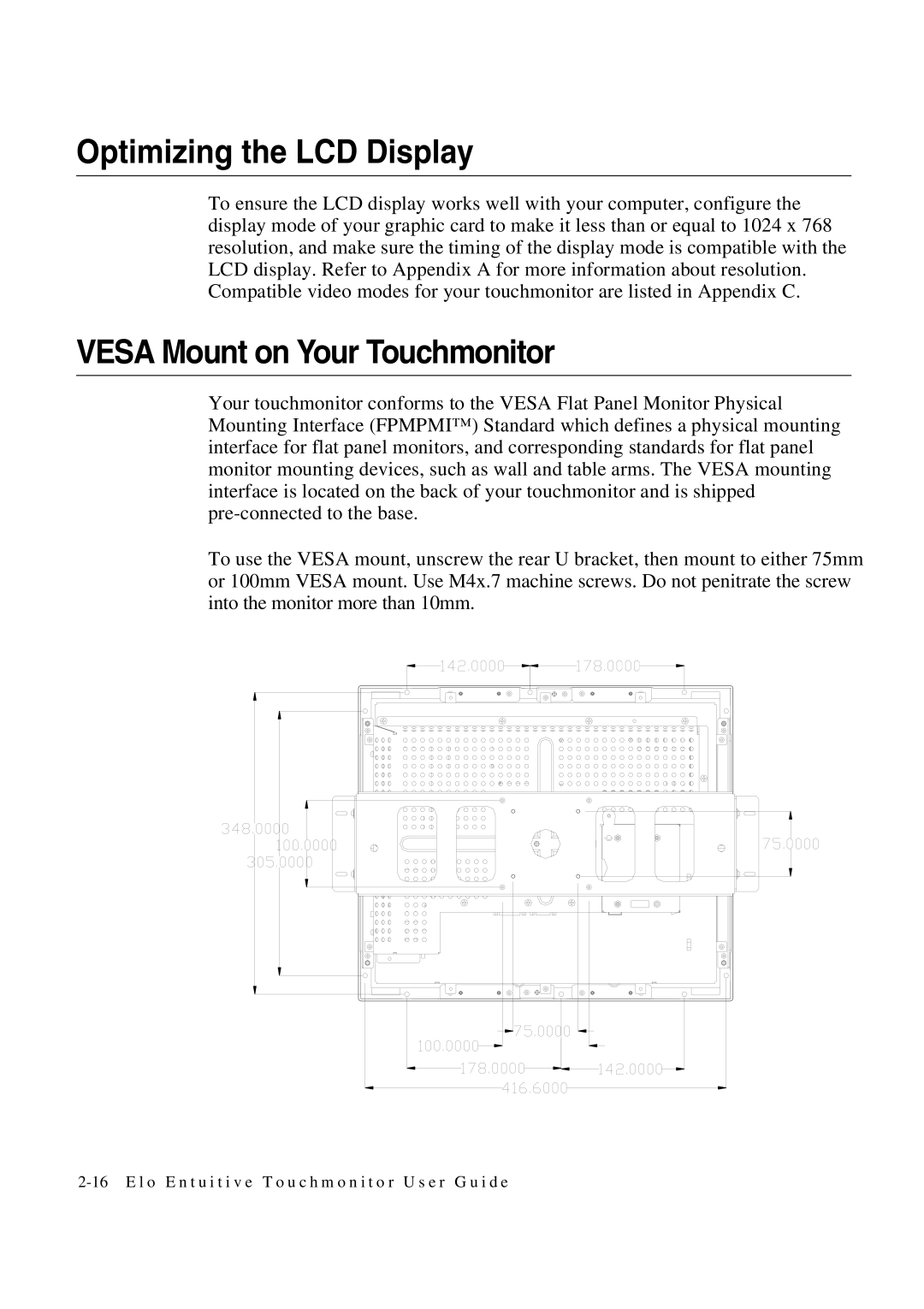 Tyco 1847L Series manual Optimizing the LCD Display, Vesa Mount on Your Touchmonitor 