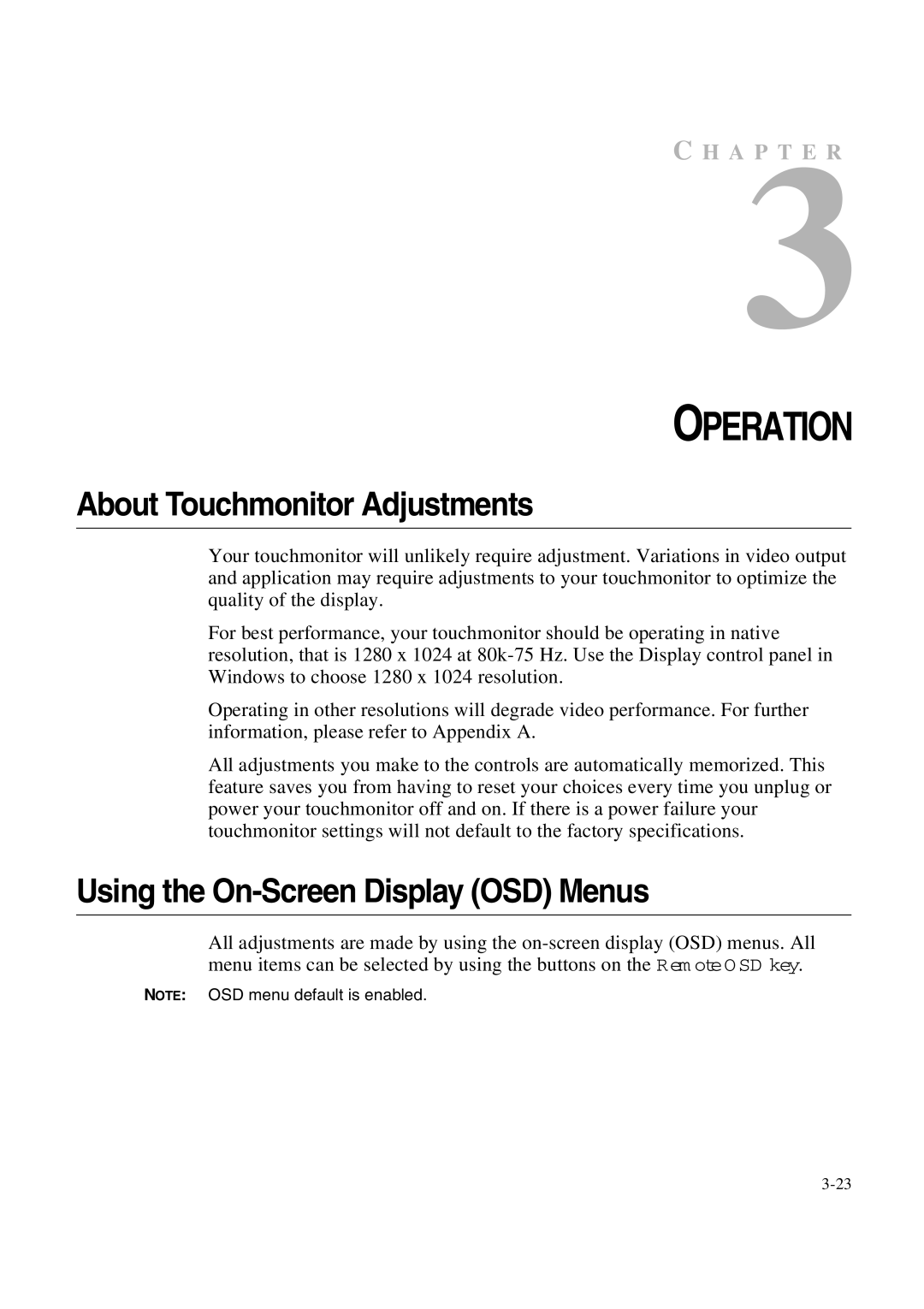 Tyco 1847L Series manual About Touchmonitor Adjustments, Using the On-Screen Display OSD Menus 