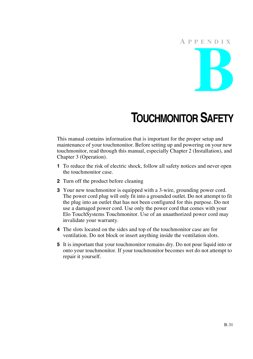 Tyco 1847L Series manual Touchmonitor Safety 