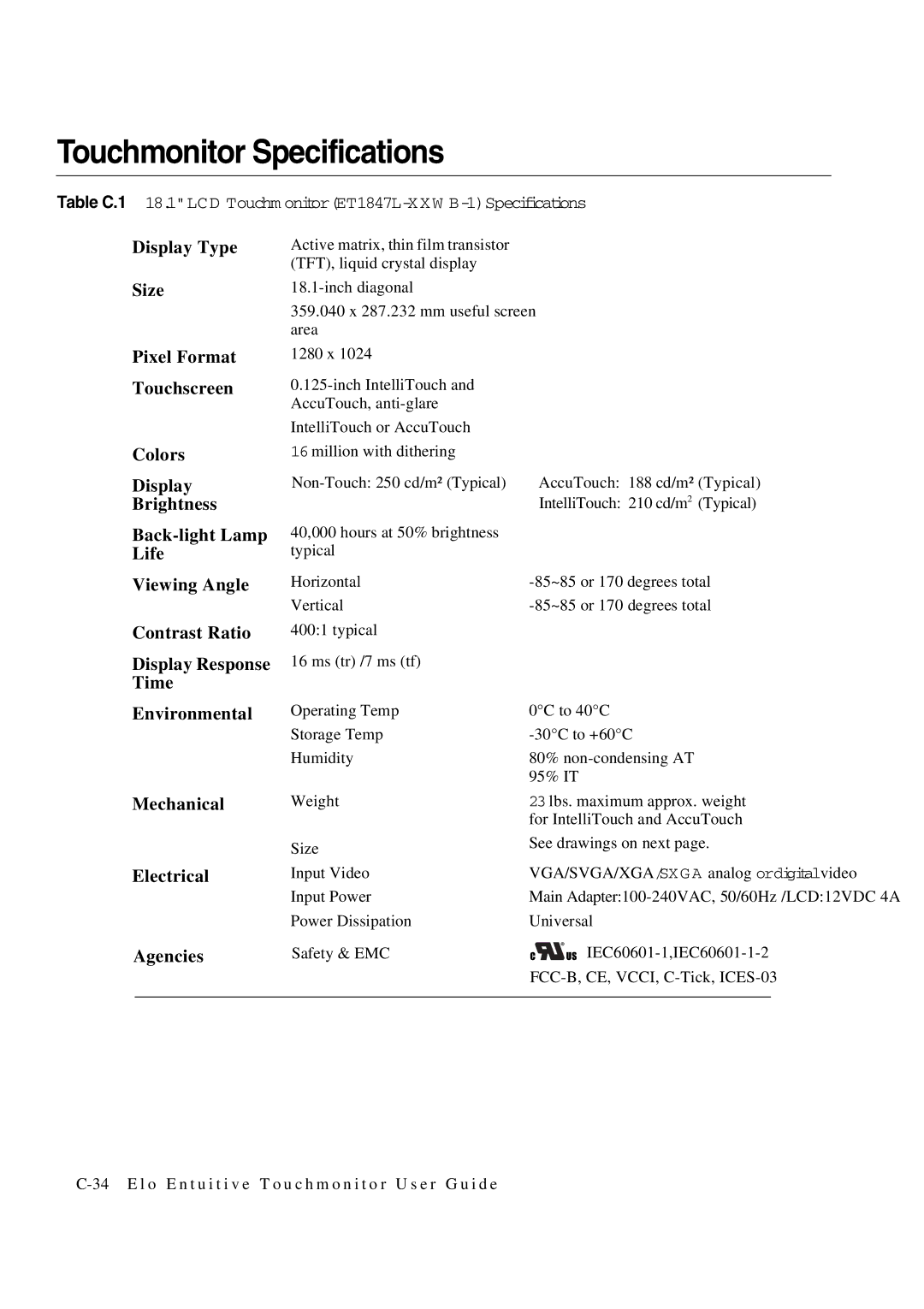 Tyco 1847L Series manual Touchmonitor Specifications 