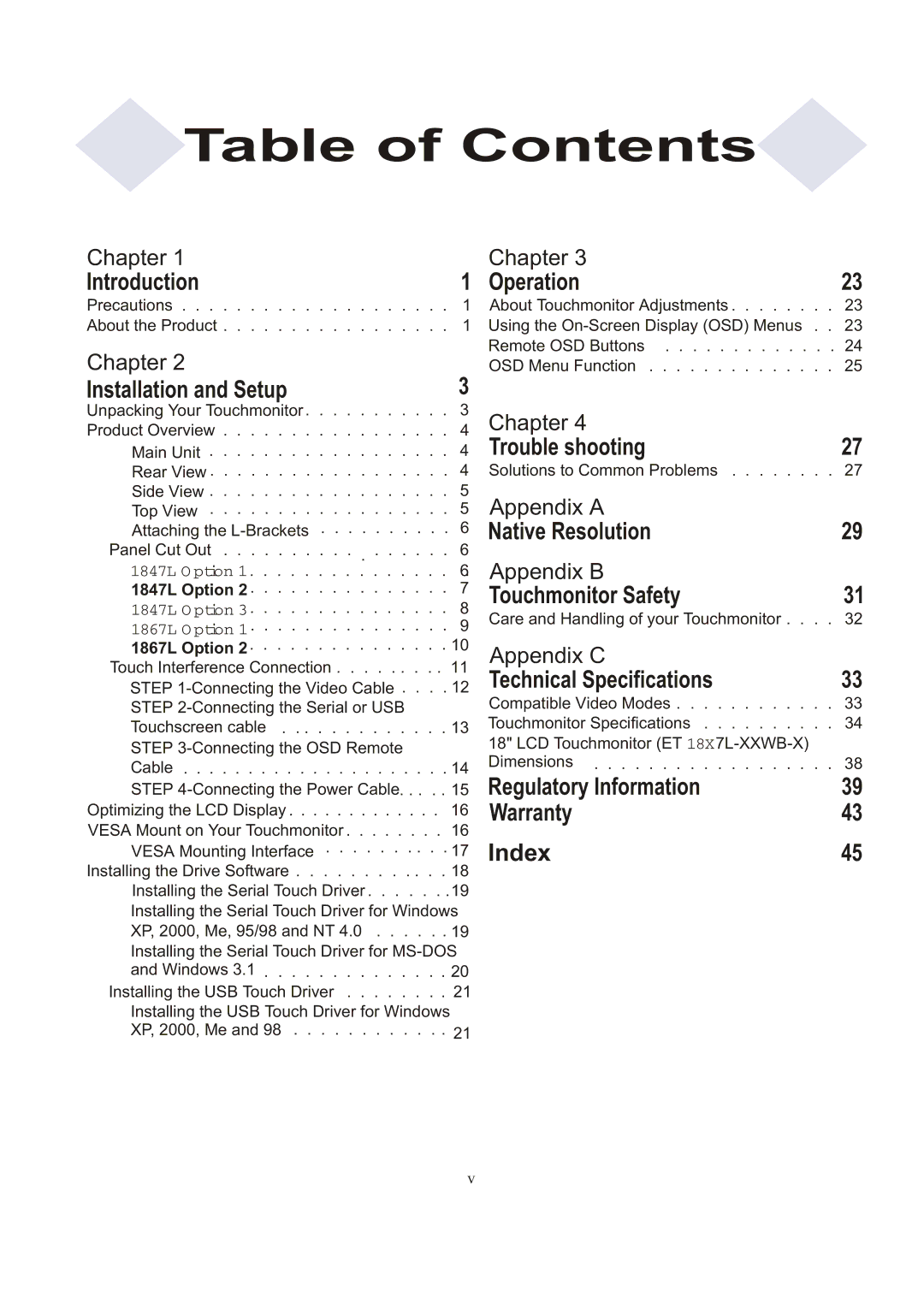 Tyco 1847L Series manual Table of Contents 