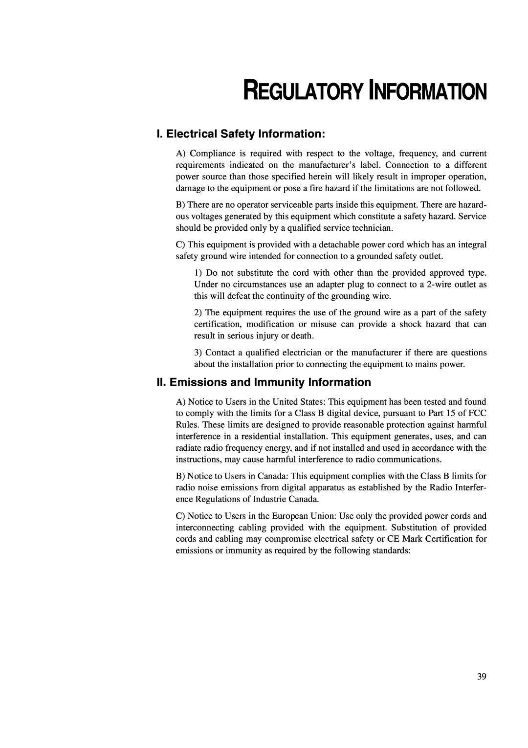 Tyco 1847L Series manual Regulatory Information, I. Electrical Safety Information, II. Emissions and Immunity Information 