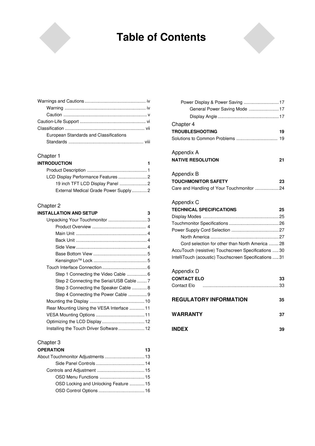 Tyco 1928L manual Table of Contents 