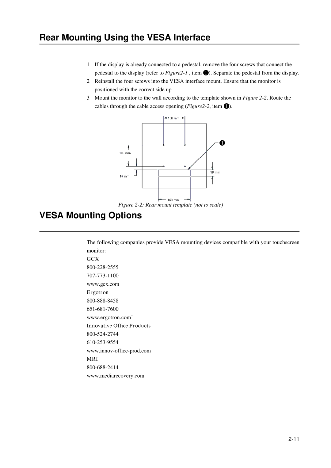 Tyco 1928L manual Rear Mounting Using the Vesa Interface, Vesa Mounting Options, Ergotron Innovative Office Products 